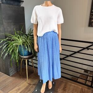 Exlura Blue Polka Dot Pleated Midi Skirt High Waist Swing with Pockets - Medium